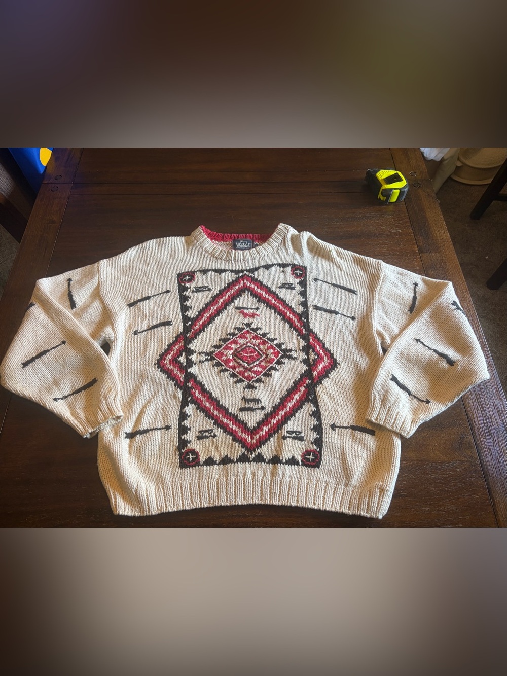 Woolrich Hand Knit Southwestern Geometric Sweater Size L Ramie Cotton Vintage